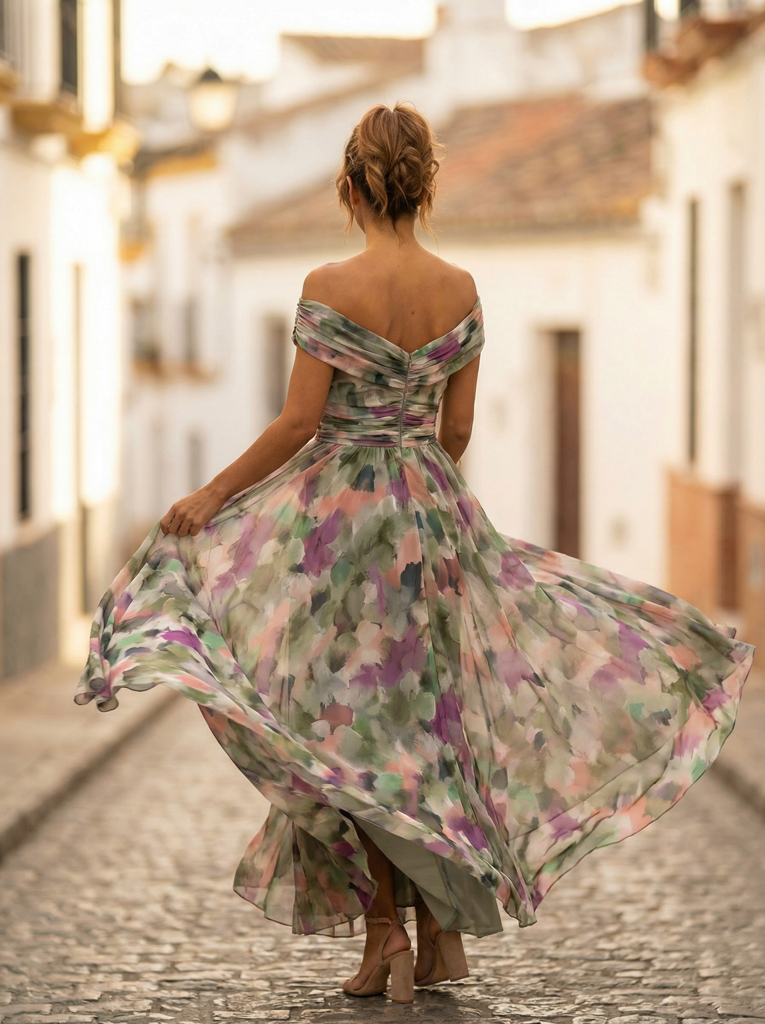 Vestido Maxi para Mujeres con diseño de hombros al descubierto, escote en V drapeado, cintura fruncida