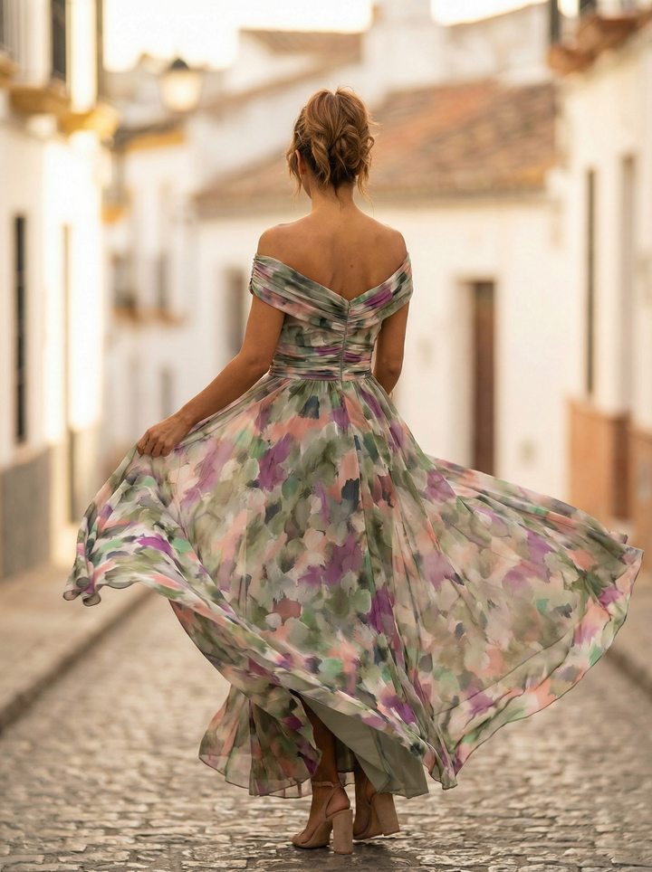 Vestido Maxi para Mujeres con diseño de hombros al descubierto, escote en V drapeado, cintura fruncida