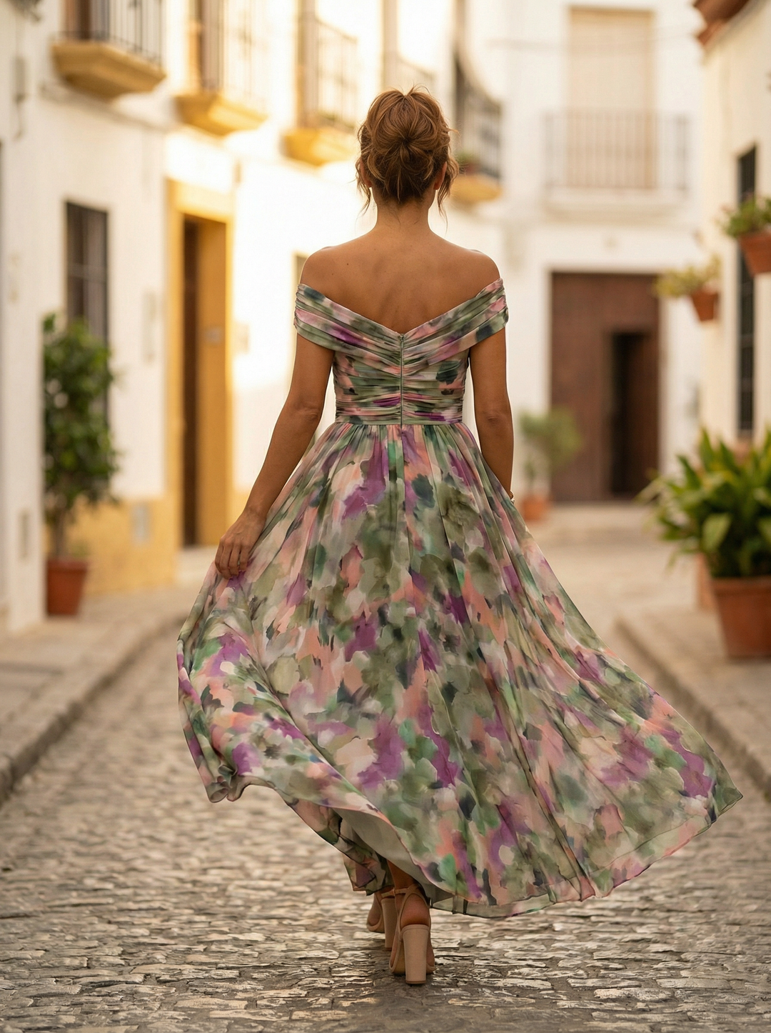 Vestido Maxi para Mujeres con diseño de hombros al descubierto, escote en V drapeado, cintura fruncida